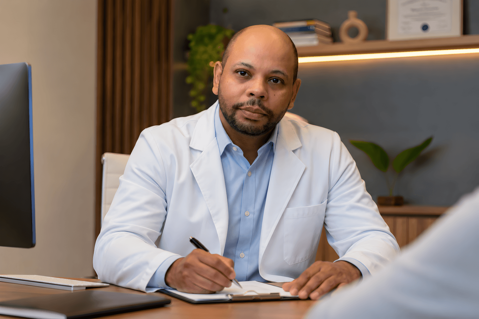 Dr. Juscelino Amâncio de jaleco, à mesa do consultório, anotando em uma prancheta durante um atendimento
